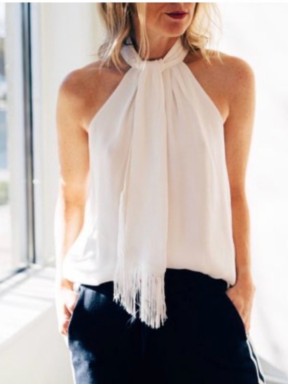 NWT Joie White Halter Neck Fringe-Trim Camisole